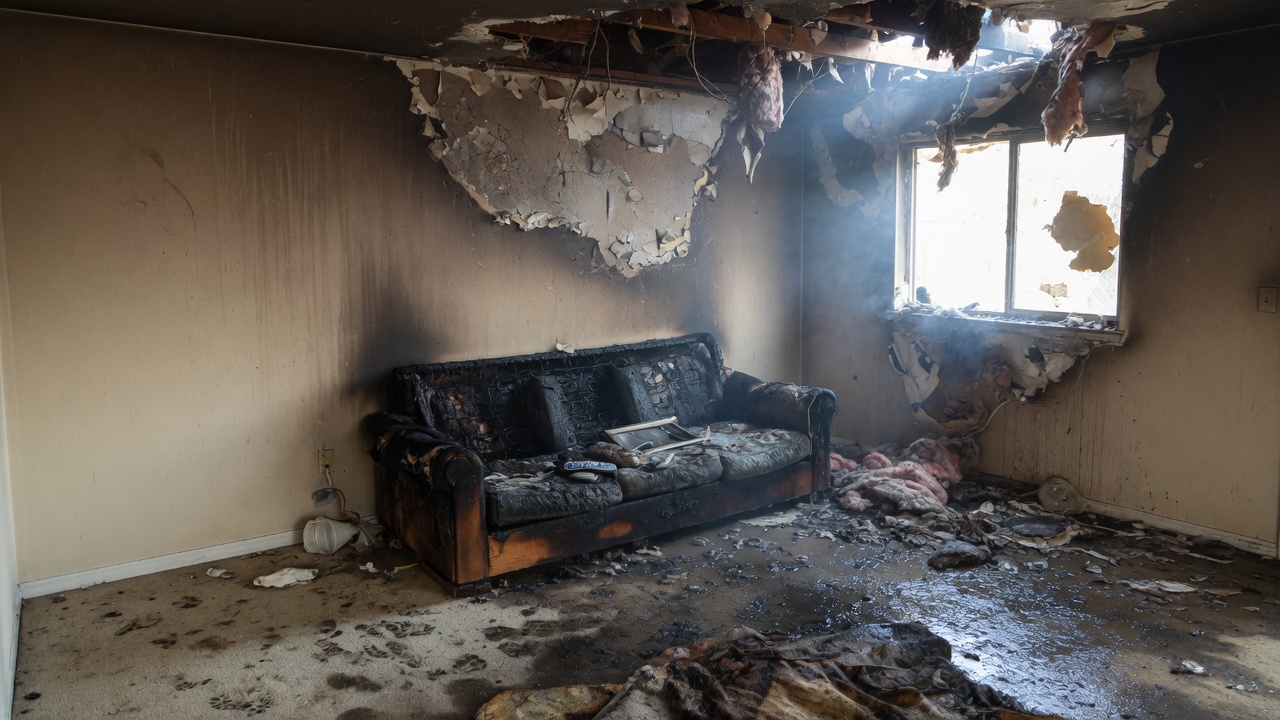 Living room after a house fire, soot and collapsed ceiling
